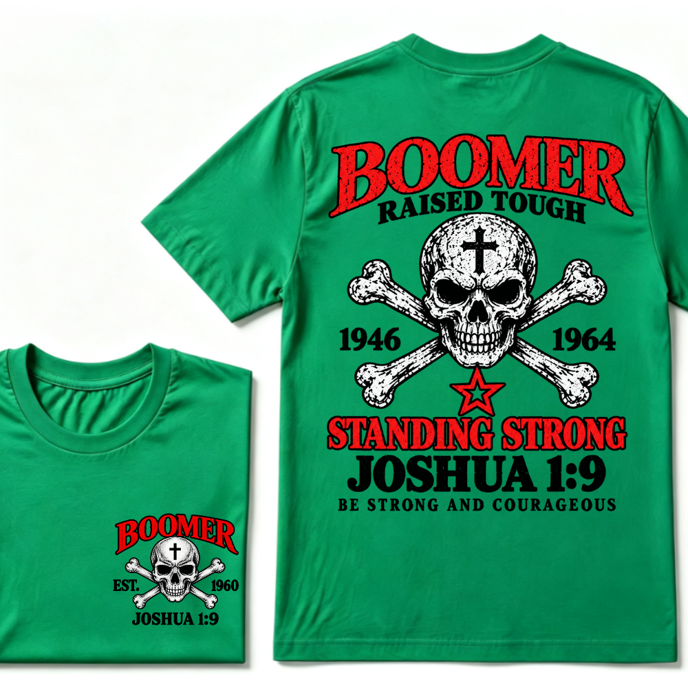 Men's Crew Neck T-Shirt Boomer Raised Tough 1946-1964 Joshua 1:9 Skull Cross Graphic Tee Front & Back Print Casual Short Sleeve Top