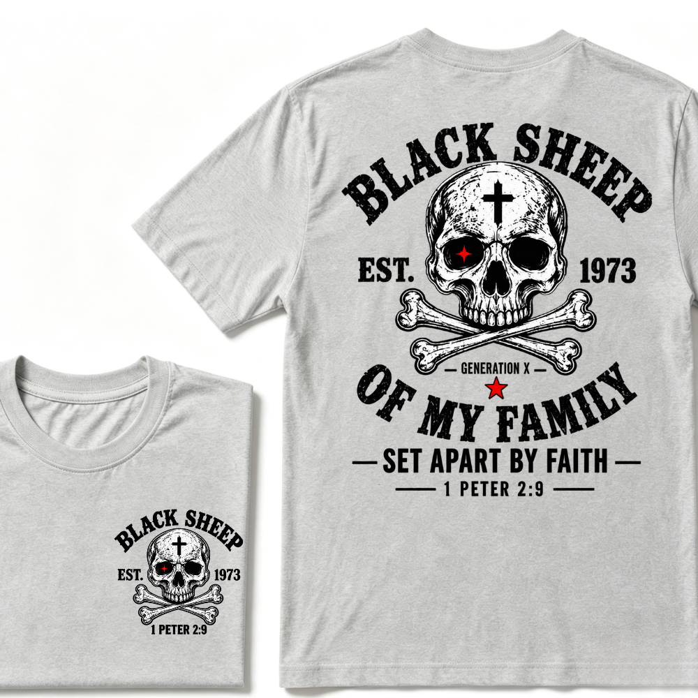 Men's Crew Neck T-Shirt Black Sheep Of My Family Generation X 1 Peter 2:9 Skull Cross Graphic Tee Front & Back Print Casual Short Sleeve Top