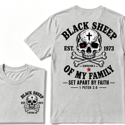 Men's Crew Neck T-Shirt Black Sheep Of My Family Generation X 1 Peter 2:9 Skull Cross Graphic Tee Front & Back Print Casual Short Sleeve Top