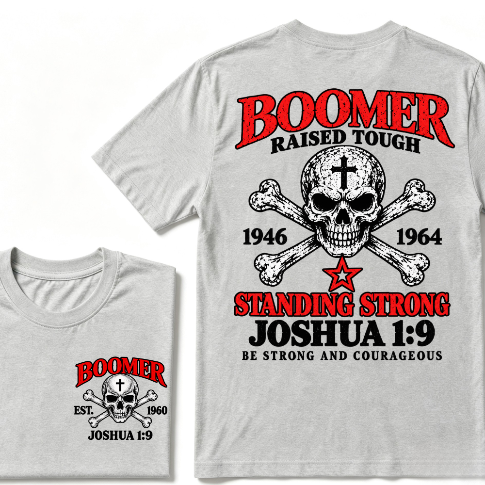 Men's Crew Neck T-Shirt Boomer Raised Tough 1946-1964 Joshua 1:9 Skull Cross Graphic Tee Front & Back Print Casual Short Sleeve Top