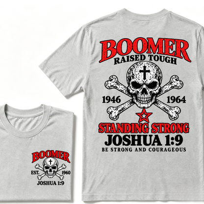 Men's Crew Neck T-Shirt Boomer Raised Tough 1946-1964 Joshua 1:9 Skull Cross Graphic Tee Front & Back Print Casual Short Sleeve Top
