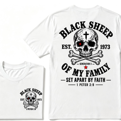Men's Crew Neck T-Shirt Black Sheep Of My Family Generation X 1 Peter 2:9 Skull Cross Graphic Tee Front & Back Print Casual Short Sleeve Top