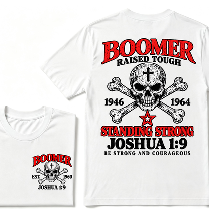 Men's Crew Neck T-Shirt Boomer Raised Tough 1946-1964 Joshua 1:9 Skull Cross Graphic Tee Front & Back Print Casual Short Sleeve Top