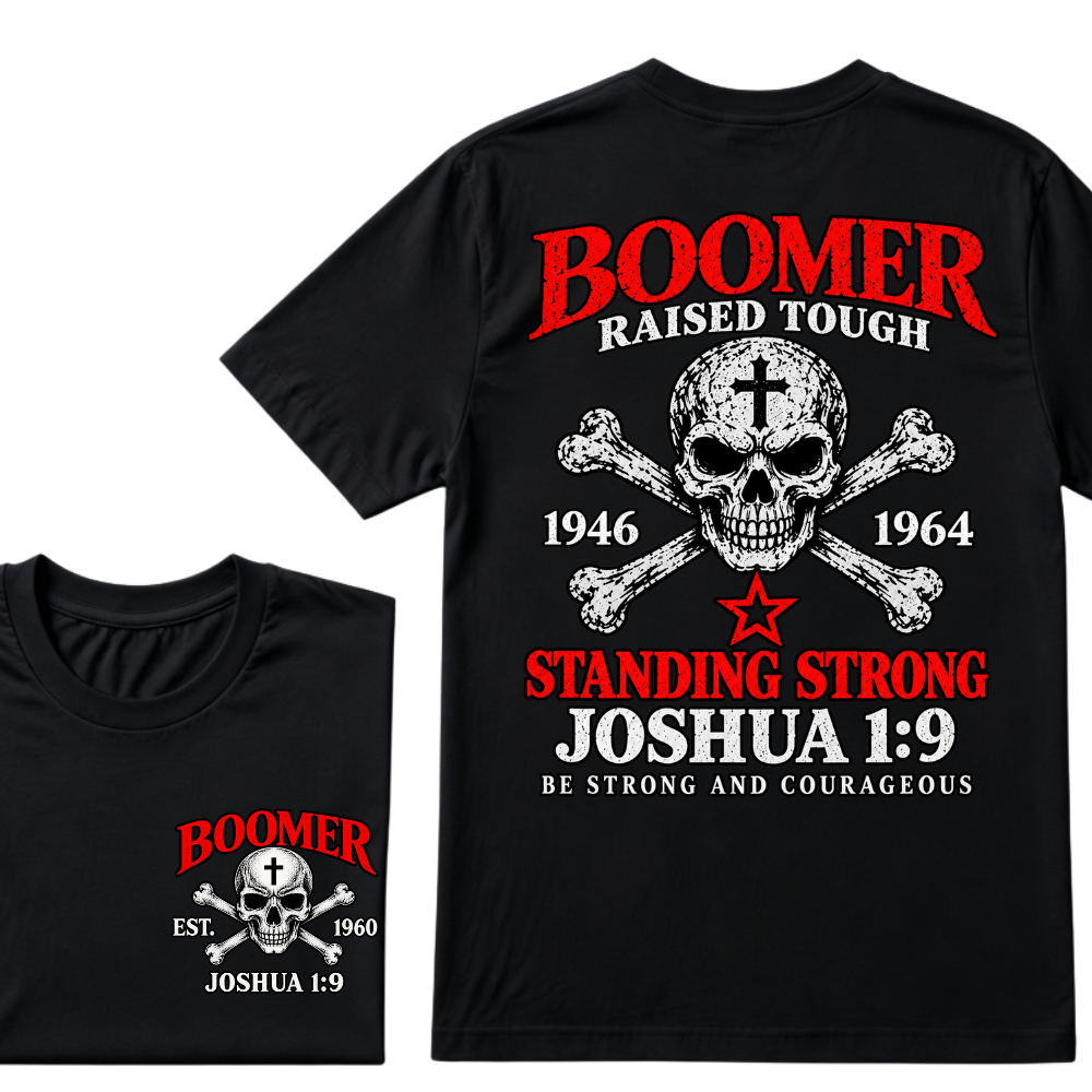Men's Crew Neck T-Shirt Boomer Raised Tough 1946-1964 Joshua 1:9 Skull Cross Graphic Tee Front & Back Print Casual Short Sleeve Top