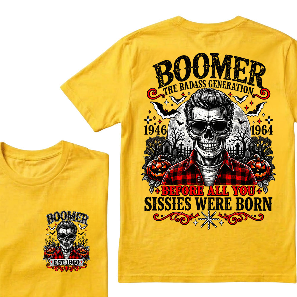 Men’s Boomer Skeleton Crew Neck T‑Shirt, The Tough Generation 1946‑1964 Halloween Graphic Short Sleeve Tee, Front & Back Print Casual Top
