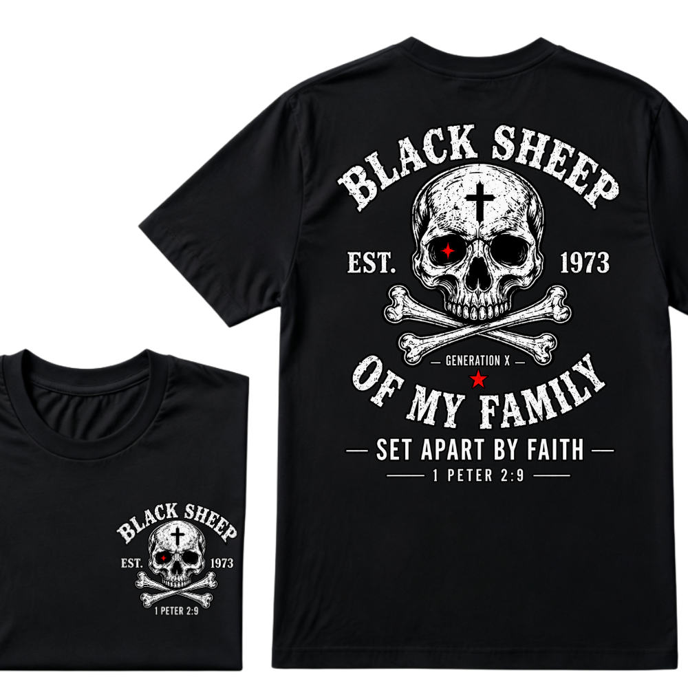 Men's Crew Neck T-Shirt Black Sheep Of My Family Generation X 1 Peter 2:9 Skull Cross Graphic Tee Front & Back Print Casual Short Sleeve Top