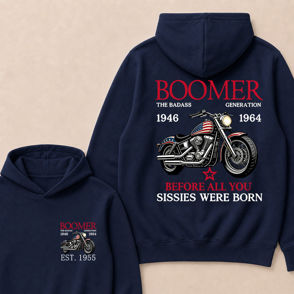 Boomer The Badass Generation 1946-1964 American Flag Motorcycle Graphic Hoodie, Vintage Biker Hooded Sweatshirt