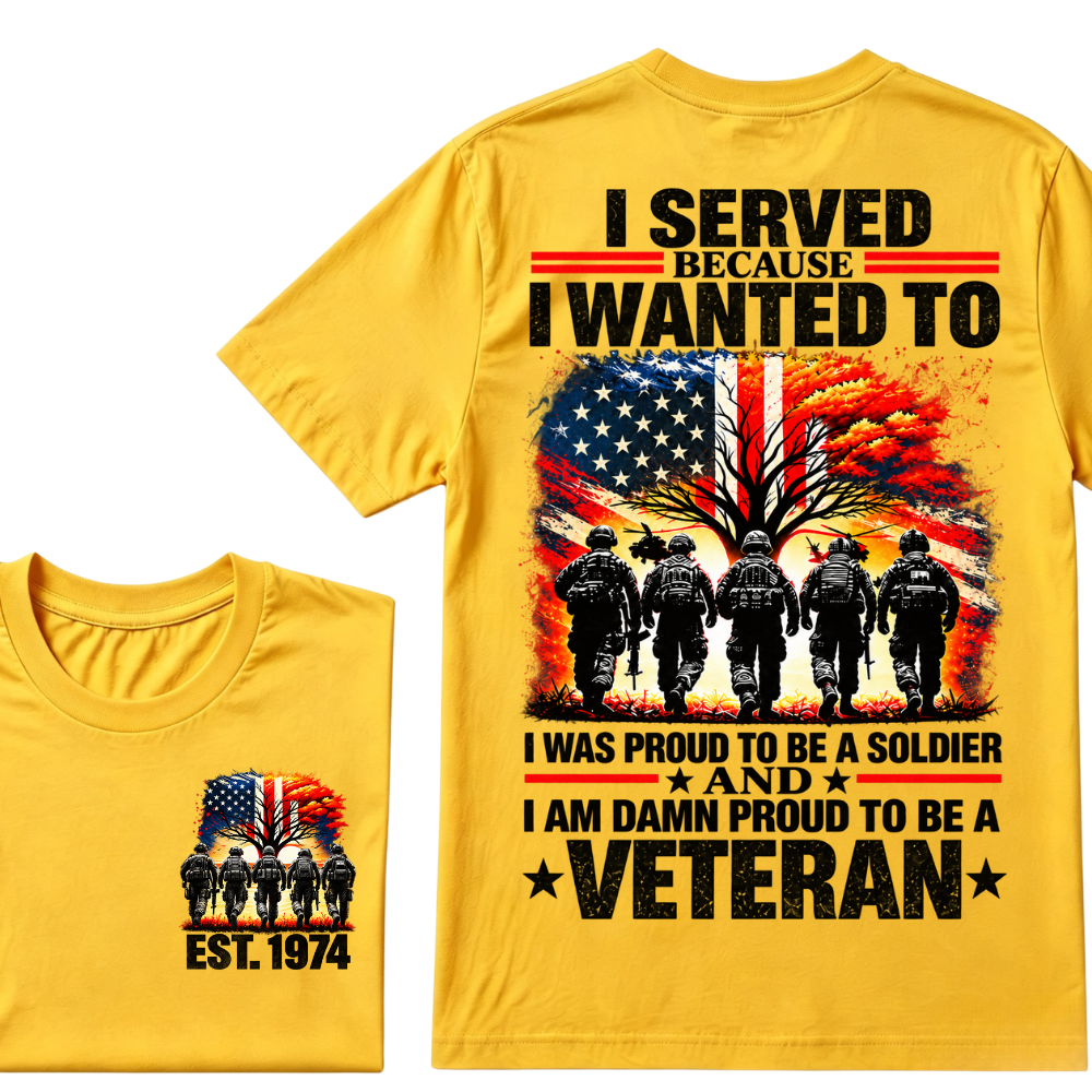 I Served Because I Wanted To I Was Proud To Be A Soldier And I Am Damn Proud To Be A Veteran American Flag Soldier EST.Year T-Shirt