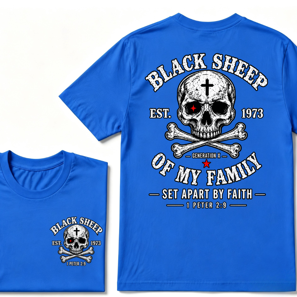 Men's Crew Neck T-Shirt Black Sheep Of My Family Generation X 1 Peter 2:9 Skull Cross Graphic Tee Front & Back Print Casual Short Sleeve Top