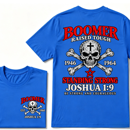 Men's Crew Neck T-Shirt Boomer Raised Tough 1946-1964 Joshua 1:9 Skull Cross Graphic Tee Front & Back Print Casual Short Sleeve Top
