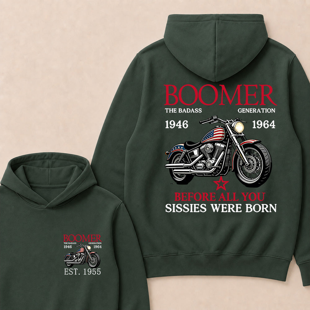 Boomer The Badass Generation 1946-1964 American Flag Motorcycle Graphic Hoodie, Vintage Biker Hooded Sweatshirt