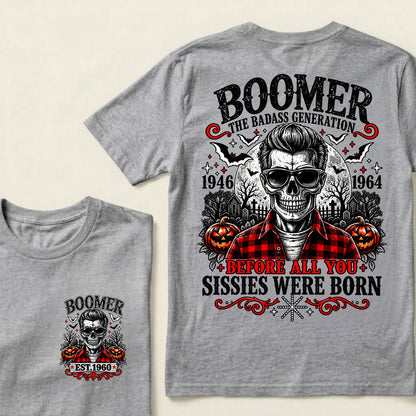 Men’s Boomer Skeleton Crew Neck T‑Shirt, The Tough Generation 1946‑1964 Halloween Graphic Short Sleeve Tee, Front & Back Print Casual Top
