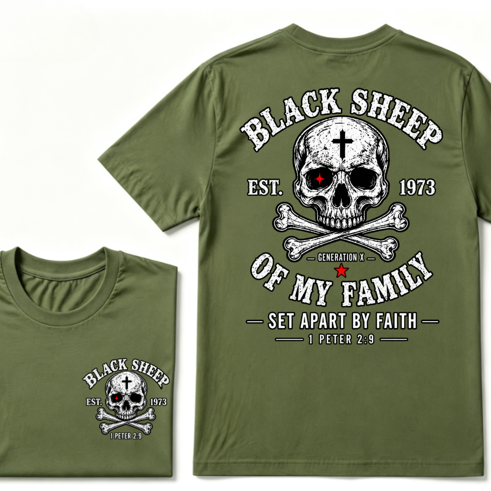 Men's Crew Neck T-Shirt Black Sheep Of My Family Generation X 1 Peter 2:9 Skull Cross Graphic Tee Front & Back Print Casual Short Sleeve Top