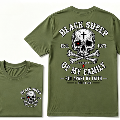 Men's Crew Neck T-Shirt Black Sheep Of My Family Generation X 1 Peter 2:9 Skull Cross Graphic Tee Front & Back Print Casual Short Sleeve Top
