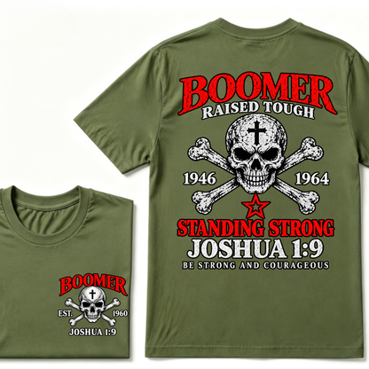 Men's Crew Neck T-Shirt Boomer Raised Tough 1946-1964 Joshua 1:9 Skull Cross Graphic Tee Front & Back Print Casual Short Sleeve Top