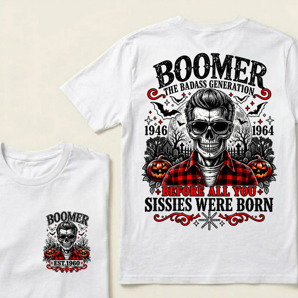 Men’s Boomer Skeleton Crew Neck T‑Shirt, The Tough Generation 1946‑1964 Halloween Graphic Short Sleeve Tee, Front & Back Print Casual Top