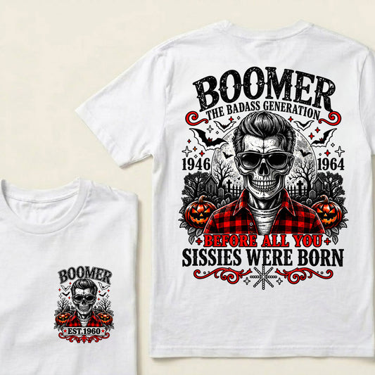 Men’s Boomer Skeleton Crew Neck T‑Shirt, The Tough Generation 1946‑1964 Halloween Graphic Short Sleeve Tee, Front & Back Print Casual Top