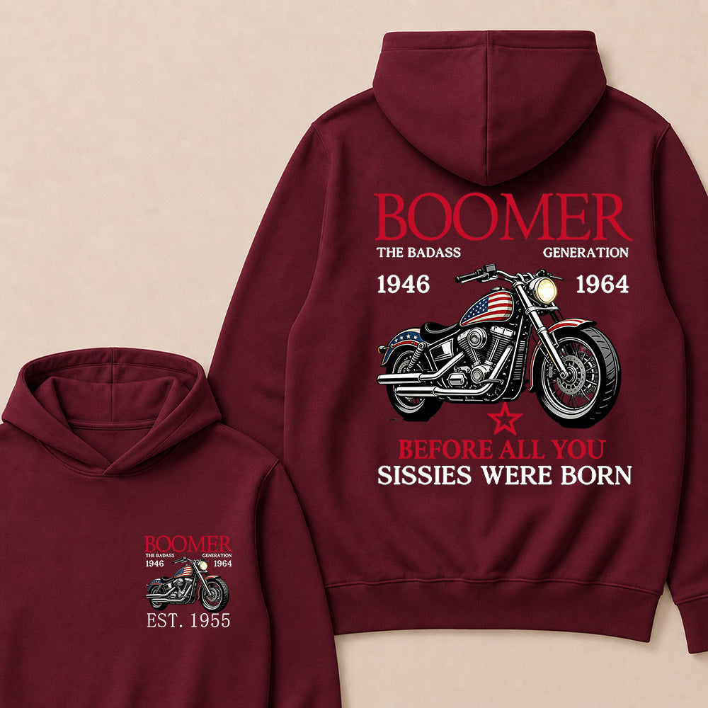 Boomer The Badass Generation 1946-1964 American Flag Motorcycle Graphic Hoodie, Vintage Biker Hooded Sweatshirt