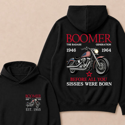 Boomer The Badass Generation 1946-1964 American Flag Motorcycle Graphic Hoodie, Vintage Biker Hooded Sweatshirt
