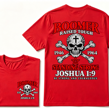 Men's Crew Neck T-Shirt Boomer Raised Tough 1946-1964 Joshua 1:9 Skull Cross Graphic Tee Front & Back Print Casual Short Sleeve Top