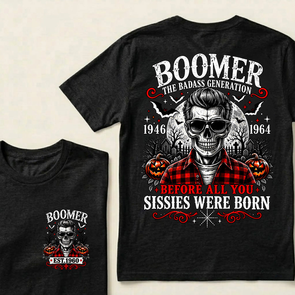 Men’s Boomer Skeleton Crew Neck T‑Shirt, The Tough Generation 1946‑1964 Halloween Graphic Short Sleeve Tee, Front & Back Print Casual Top