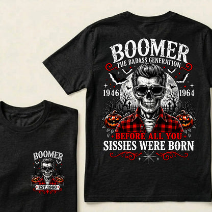 Men’s Boomer Skeleton Crew Neck T‑Shirt, The Tough Generation 1946‑1964 Halloween Graphic Short Sleeve Tee, Front & Back Print Casual Top