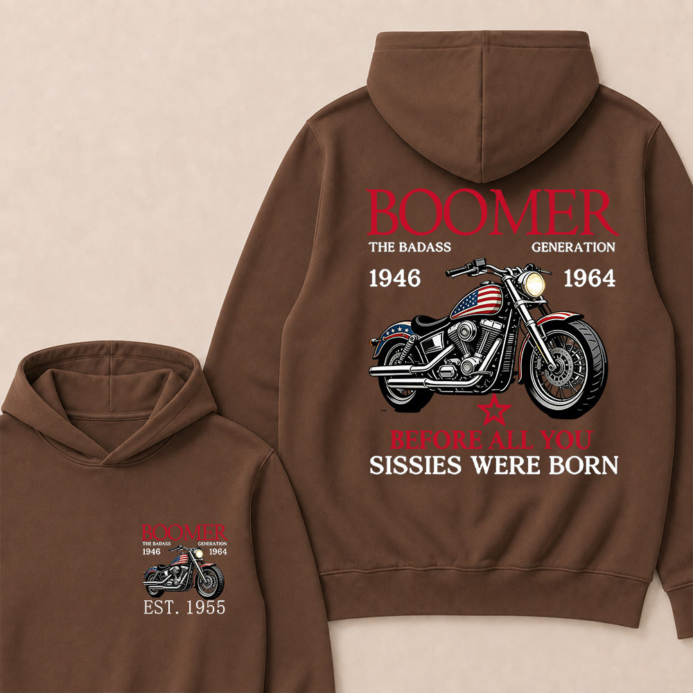 Boomer The Badass Generation 1946-1964 American Flag Motorcycle Graphic Hoodie, Vintage Biker Hooded Sweatshirt