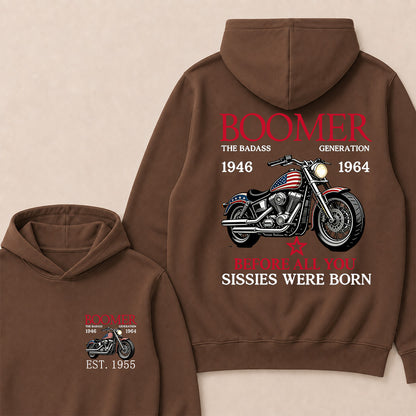 Boomer The Badass Generation 1946-1964 American Flag Motorcycle Graphic Hoodie, Vintage Biker Hooded Sweatshirt