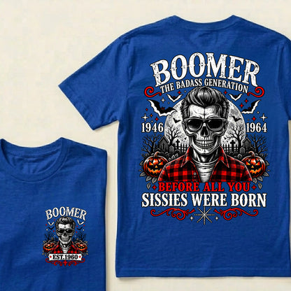 Men’s Boomer Skeleton Crew Neck T‑Shirt, The Tough Generation 1946‑1964 Halloween Graphic Short Sleeve Tee, Front & Back Print Casual Top