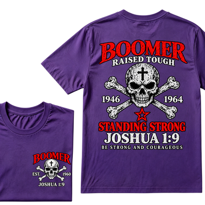 Men's Crew Neck T-Shirt Boomer Raised Tough 1946-1964 Joshua 1:9 Skull Cross Graphic Tee Front & Back Print Casual Short Sleeve Top