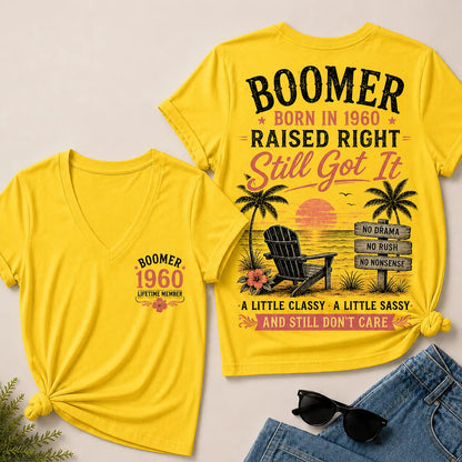Custom Year "Boomer – Born in 1960. Raised Right. Still Got It." V-Neck Tee