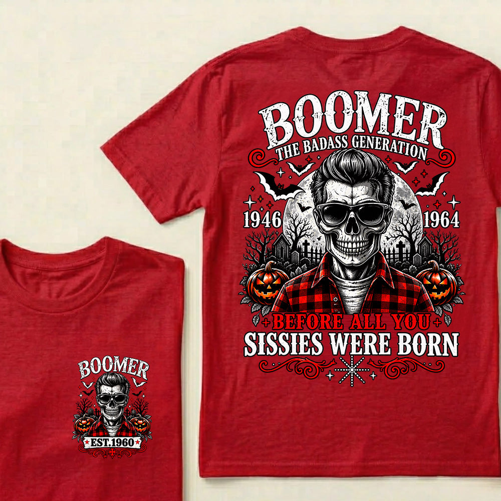 Men’s Boomer Skeleton Crew Neck T‑Shirt, The Tough Generation 1946‑1964 Halloween Graphic Short Sleeve Tee, Front & Back Print Casual Top
