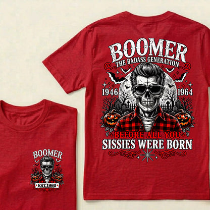 Men’s Boomer Skeleton Crew Neck T‑Shirt, The Tough Generation 1946‑1964 Halloween Graphic Short Sleeve Tee, Front & Back Print Casual Top