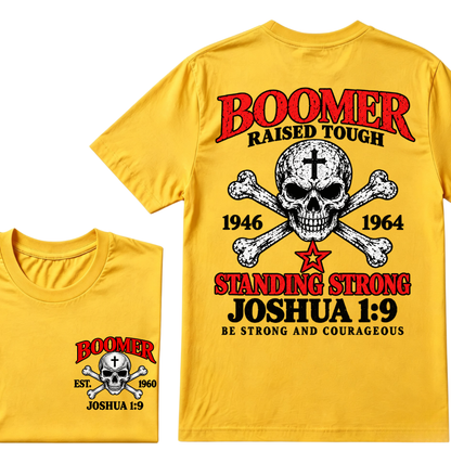Men's Crew Neck T-Shirt Boomer Raised Tough 1946-1964 Joshua 1:9 Skull Cross Graphic Tee Front & Back Print Casual Short Sleeve Top