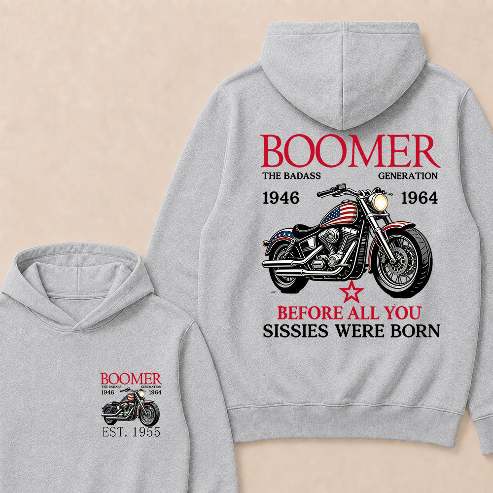 Boomer The Badass Generation 1946-1964 American Flag Motorcycle Graphic Hoodie, Vintage Biker Hooded Sweatshirt