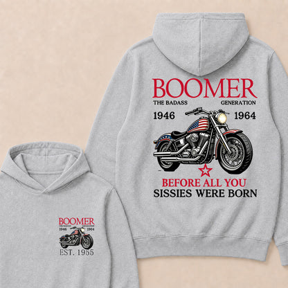 Boomer The Badass Generation 1946-1964 American Flag Motorcycle Graphic Hoodie, Vintage Biker Hooded Sweatshirt