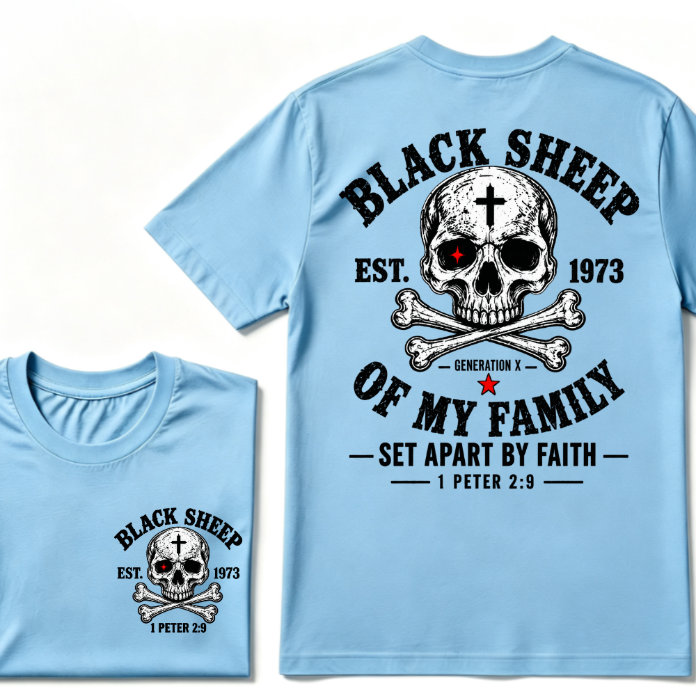 Men's Crew Neck T-Shirt Black Sheep Of My Family Generation X 1 Peter 2:9 Skull Cross Graphic Tee Front & Back Print Casual Short Sleeve Top
