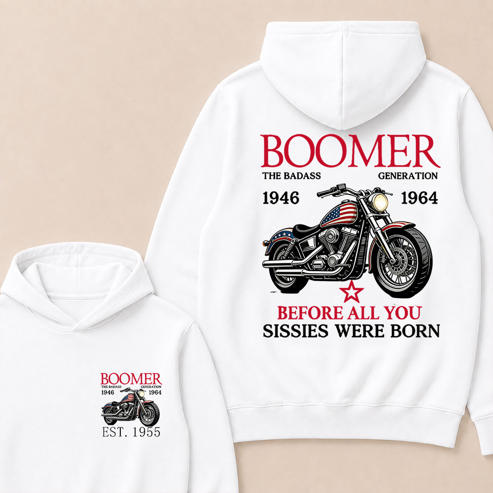 Boomer The Badass Generation 1946-1964 American Flag Motorcycle Graphic Hoodie, Vintage Biker Hooded Sweatshirt