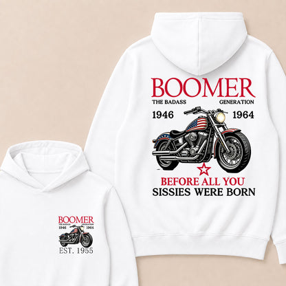 Boomer The Badass Generation 1946-1964 American Flag Motorcycle Graphic Hoodie, Vintage Biker Hooded Sweatshirt