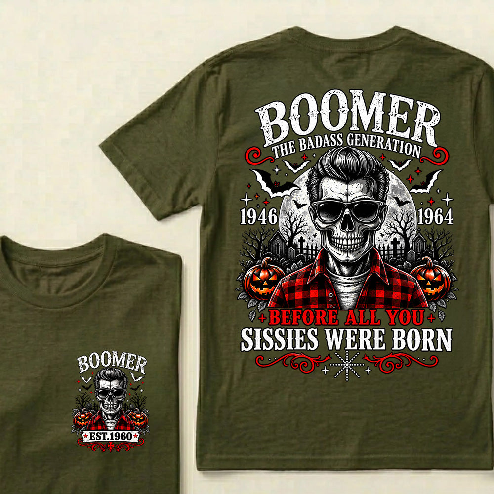 Men’s Boomer Skeleton Crew Neck T‑Shirt, The Tough Generation 1946‑1964 Halloween Graphic Short Sleeve Tee, Front & Back Print Casual Top