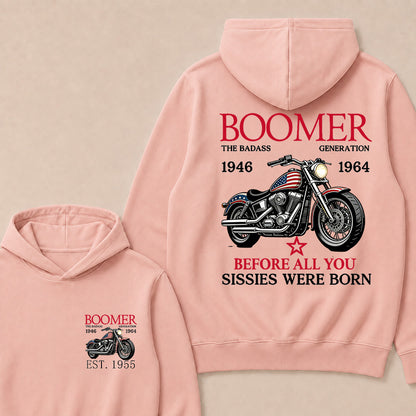 Boomer The Badass Generation 1946-1964 American Flag Motorcycle Graphic Hoodie, Vintage Biker Hooded Sweatshirt