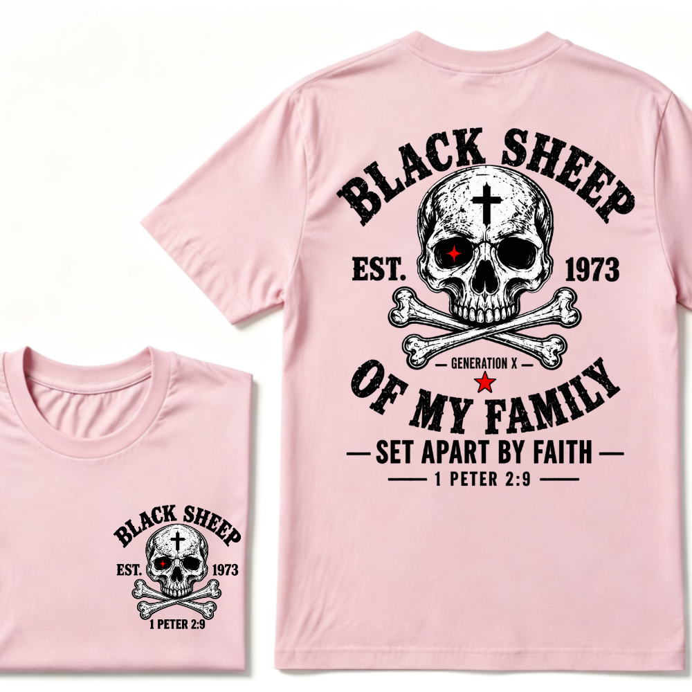 Men's Crew Neck T-Shirt Black Sheep Of My Family Generation X 1 Peter 2:9 Skull Cross Graphic Tee Front & Back Print Casual Short Sleeve Top