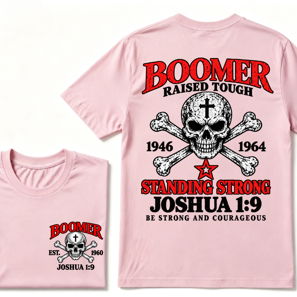 Men's Crew Neck T-Shirt Boomer Raised Tough 1946-1964 Joshua 1:9 Skull Cross Graphic Tee Front & Back Print Casual Short Sleeve Top