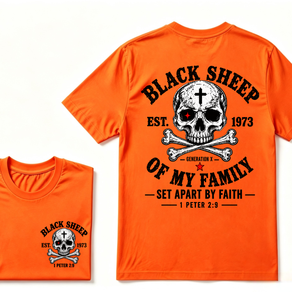 Men's Crew Neck T-Shirt Black Sheep Of My Family Generation X 1 Peter 2:9 Skull Cross Graphic Tee Front & Back Print Casual Short Sleeve Top