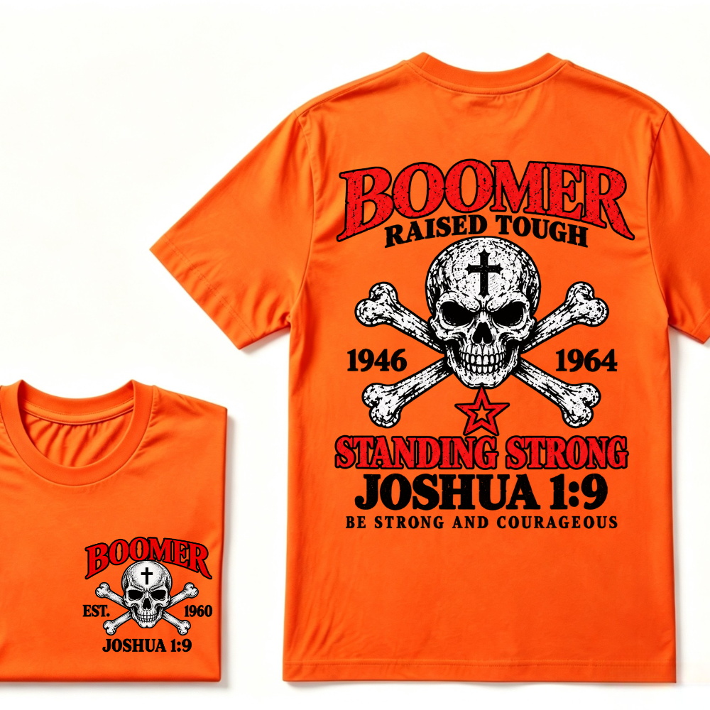 Men's Crew Neck T-Shirt Boomer Raised Tough 1946-1964 Joshua 1:9 Skull Cross Graphic Tee Front & Back Print Casual Short Sleeve Top
