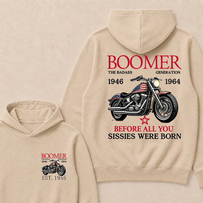 Boomer The Badass Generation 1946-1964 American Flag Motorcycle Graphic Hoodie, Vintage Biker Hooded Sweatshirt