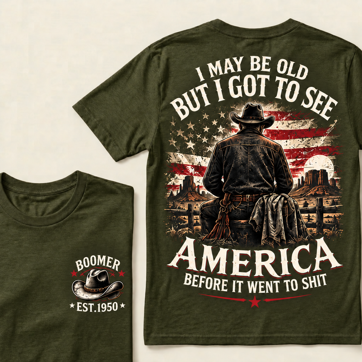 Boomer Est. 1950 T-Shirt, Vintage Western Cowboy Graphic Tee, "I May Be Old But I Got To See America" Back Print